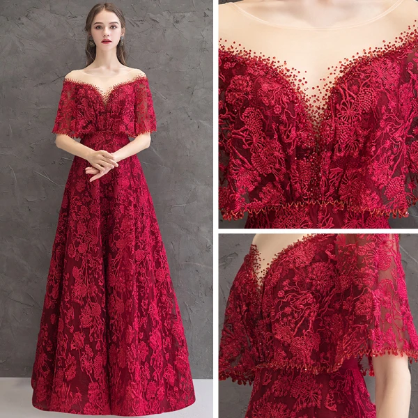 Meilleur Bordeaux Transparentes Robe De Soirée 2019 Princesse Encolure Dégagée Manches Courtes Appliques En Dentelle Faux Diamant Longue Dos Nu Robe De Ceremonie