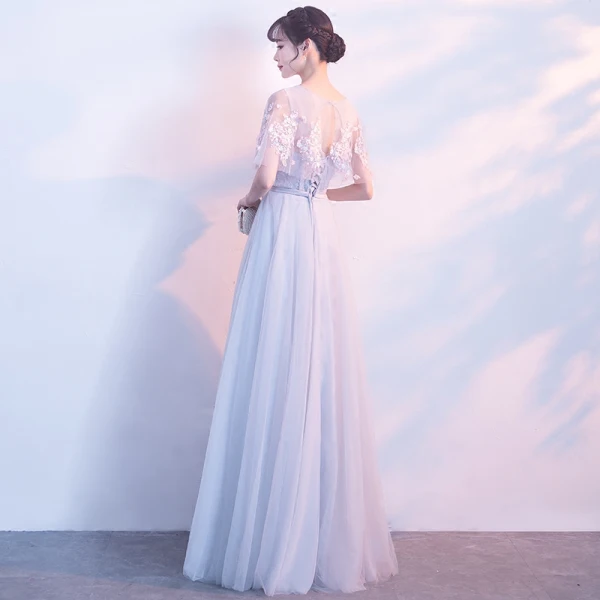 Affordable See-through Grey Evening Dresses 2019 A-Line / Princess Scoop Neck Short Sleeve Appliques Lace Flower Sash Floor-Length / Long Ruffle Backless Formal Dresses