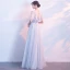 Affordable See-through Grey Evening Dresses  2019 A-Line / Princess Scoop Neck Short Sleeve Appliques Lace Flower Sash Floor-Length / Long Ruffle Backless Formal Dresses