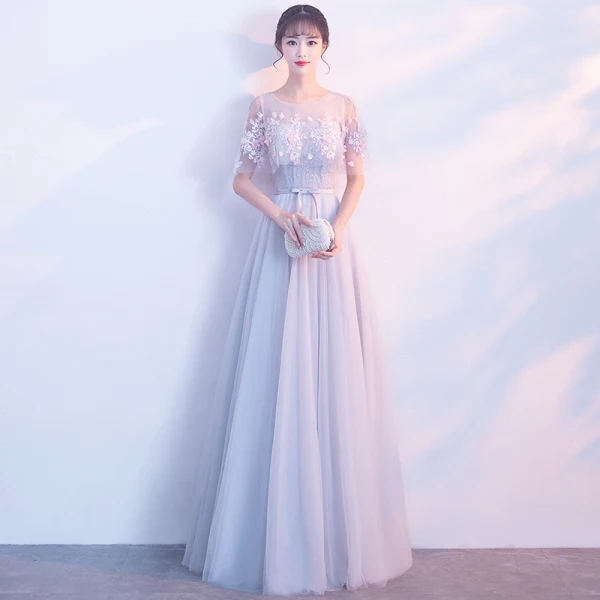 Affordable See-through Grey Evening Dresses 2019 A-Line / Princess Scoop Neck Short Sleeve Appliques Lace Flower Sash Floor-Length / Long Ruffle Backless Formal Dresses