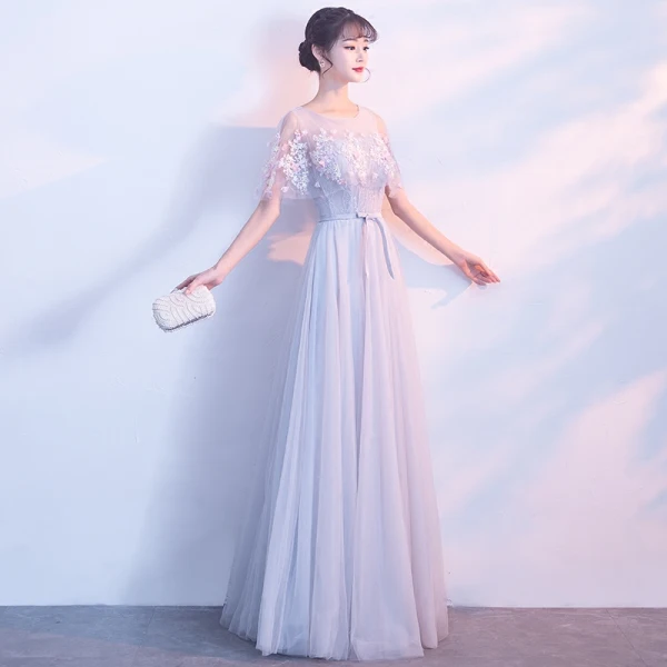 Affordable See-through Grey Evening Dresses 2019 A-Line / Princess Scoop Neck Short Sleeve Appliques Lace Flower Sash Floor-Length / Long Ruffle Backless Formal Dresses