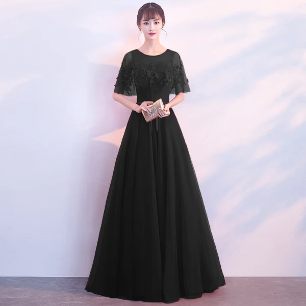 Affordable See-through Grey Evening Dresses 2019 A-Line / Princess Scoop Neck Short Sleeve Appliques Lace Flower Sash Floor-Length / Long Ruffle Backless Formal Dresses