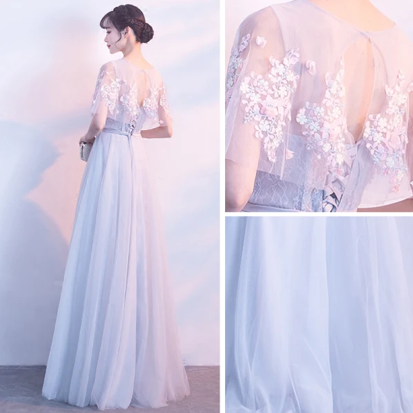 Affordable See-through Grey Evening Dresses 2019 A-Line / Princess Scoop Neck Short Sleeve Appliques Lace Flower Sash Floor-Length / Long Ruffle Backless Formal Dresses