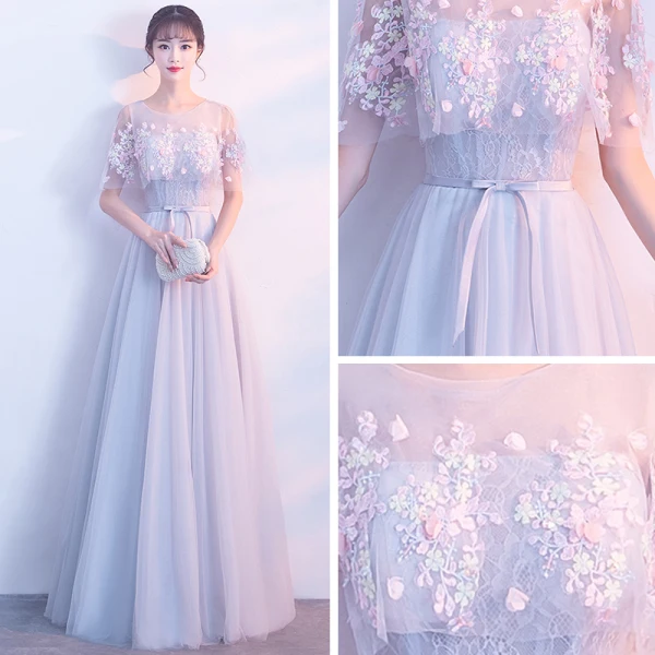 Affordable See-through Grey Evening Dresses 2019 A-Line / Princess Scoop Neck Short Sleeve Appliques Lace Flower Sash Floor-Length / Long Ruffle Backless Formal Dresses