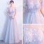 Affordable See-through Grey Evening Dresses  2019 A-Line / Princess Scoop Neck Short Sleeve Appliques Lace Flower Sash Floor-Length / Long Ruffle Backless Formal Dresses