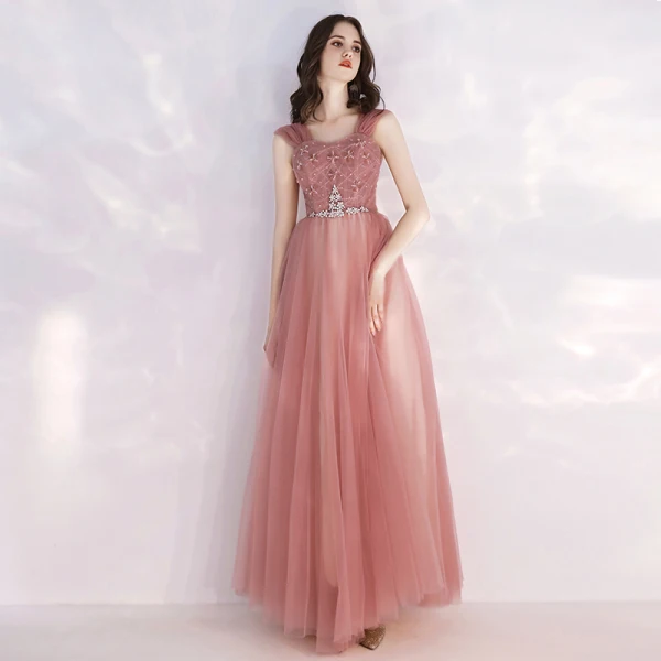 Erschwinglich Pearl Rosa Abendkleider 2019 A Linie Schultern Ärmellos Strass Stoffgürtel Pailletten Lange Rüschen Rückenfreies Festliche Kleider