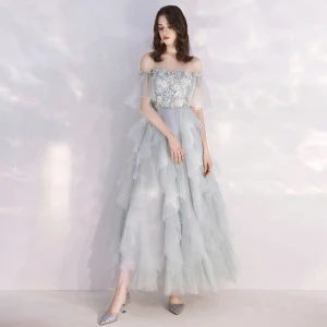 Affordable Grey Sky Blue Evening Dresses 2019 A Line Princess Off The Shoulder Bell Sleeves Appliques Lace Pearl Ankle Length Cascading Ruffles Formal Dresses