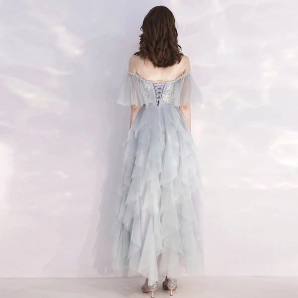 Affordable Grey Sky Blue Evening Dresses  2019 A-Line / Princess Off-The-Shoulder Bell sleeves Appliques Lace Pearl Ankle Length Cascading Ruffles Formal Dresses