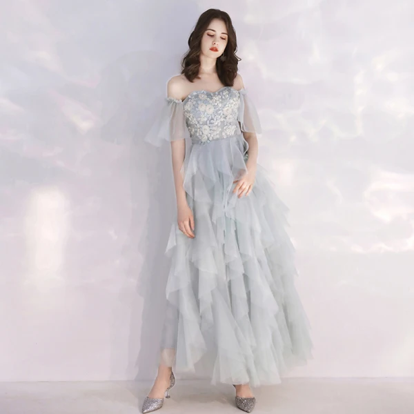 Affordable Grey Sky Blue Evening Dresses  2019 A-Line / Princess Off-The-Shoulder Bell sleeves Appliques Lace Pearl Ankle Length Cascading Ruffles Formal Dresses