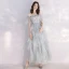 Affordable Grey Sky Blue Evening Dresses  2019 A-Line / Princess Off-The-Shoulder Bell sleeves Appliques Lace Pearl Ankle Length Cascading Ruffles Formal Dresses
