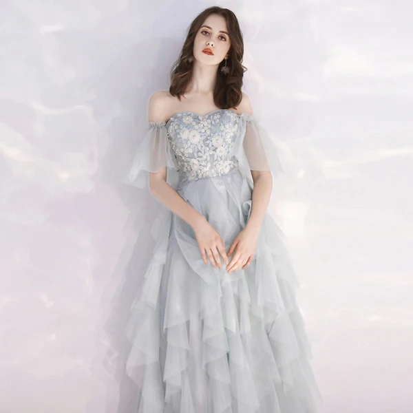 Affordable Grey Sky Blue Evening Dresses  2019 A-Line / Princess Off-The-Shoulder Bell sleeves Appliques Lace Pearl Ankle Length Cascading Ruffles Formal Dresses