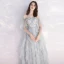 Affordable Grey Sky Blue Evening Dresses  2019 A-Line / Princess Off-The-Shoulder Bell sleeves Appliques Lace Pearl Ankle Length Cascading Ruffles Formal Dresses