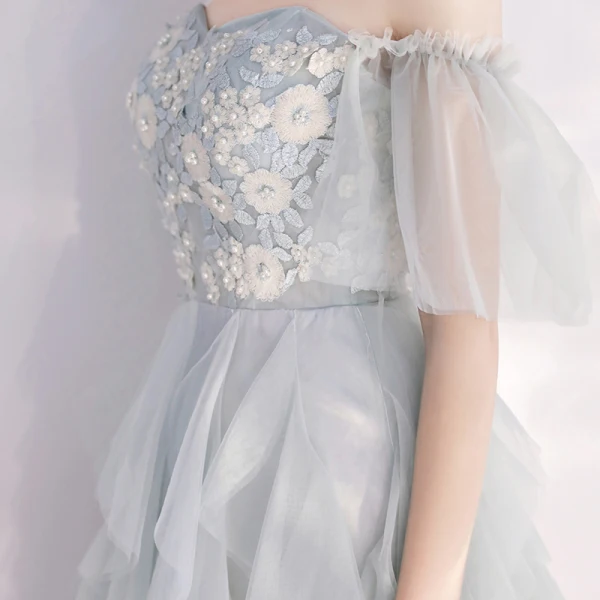 Affordable Grey Sky Blue Evening Dresses  2019 A-Line / Princess Off-The-Shoulder Bell sleeves Appliques Lace Pearl Ankle Length Cascading Ruffles Formal Dresses