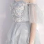 Affordable Grey Sky Blue Evening Dresses  2019 A-Line / Princess Off-The-Shoulder Bell sleeves Appliques Lace Pearl Ankle Length Cascading Ruffles Formal Dresses