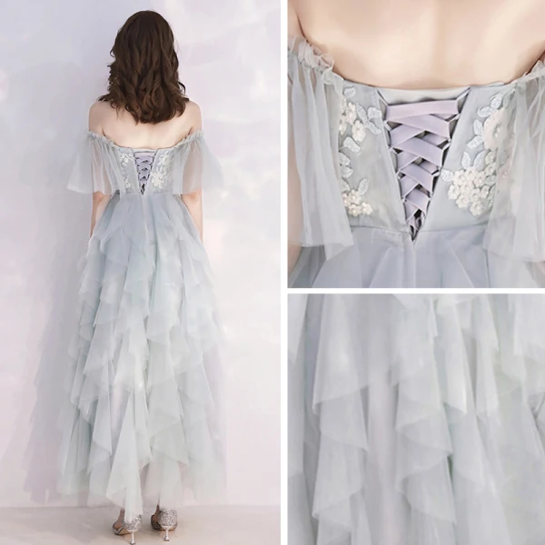 Affordable Grey Sky Blue Evening Dresses  2019 A-Line / Princess Off-The-Shoulder Bell sleeves Appliques Lace Pearl Ankle Length Cascading Ruffles Formal Dresses