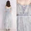 Affordable Grey Sky Blue Evening Dresses  2019 A-Line / Princess Off-The-Shoulder Bell sleeves Appliques Lace Pearl Ankle Length Cascading Ruffles Formal Dresses