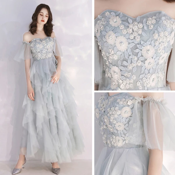 Affordable Grey Sky Blue Evening Dresses  2019 A-Line / Princess Off-The-Shoulder Bell sleeves Appliques Lace Pearl Ankle Length Cascading Ruffles Formal Dresses