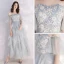 Affordable Grey Sky Blue Evening Dresses  2019 A-Line / Princess Off-The-Shoulder Bell sleeves Appliques Lace Pearl Ankle Length Cascading Ruffles Formal Dresses