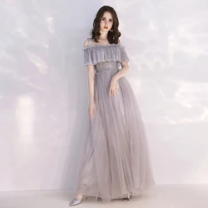 Chic Beautiful Grey Evening Dresses 2019 A Line Princess Spaghetti Straps Short Sleeve Beading Glitter Tulle Floor Length Long Ruffle Backless Formal Dresses