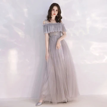 Chic Belle Gris Robe De Soirée 2019 Princesse Bretelles Spaghetti Manches Courtes Perlage Glitter Tulle Longue Volants Dos Nu Robe De Ceremonie