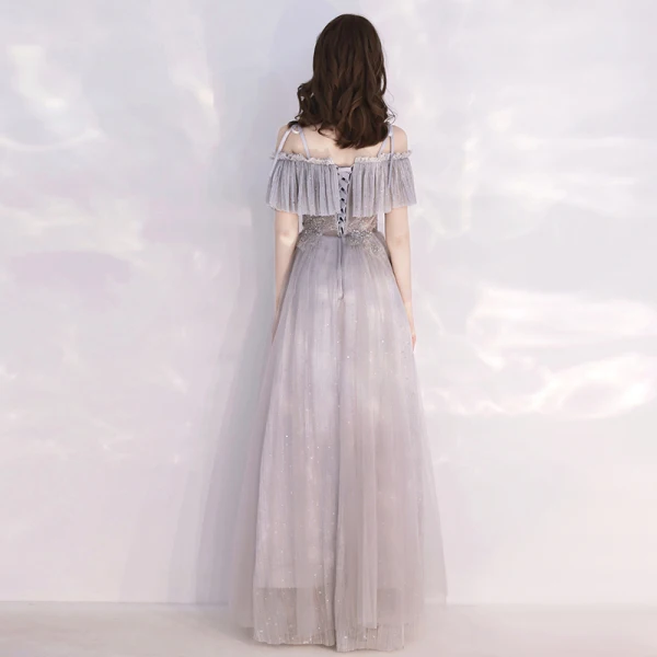 Chic / Beautiful Grey Evening Dresses  2019 A-Line / Princess Spaghetti Straps Short Sleeve Beading Glitter Tulle Floor-Length / Long Ruffle Backless Formal Dresses
