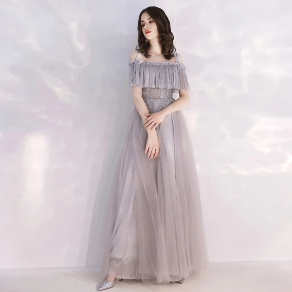 Chic / Beautiful Grey Evening Dresses  2019 A-Line / Princess Spaghetti Straps Short Sleeve Beading Glitter Tulle Floor-Length / Long Ruffle Backless Formal Dresses