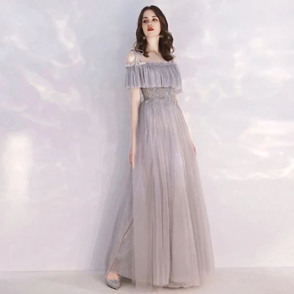 Chic / Beautiful Grey Evening Dresses  2019 A-Line / Princess Spaghetti Straps Short Sleeve Beading Glitter Tulle Floor-Length / Long Ruffle Backless Formal Dresses