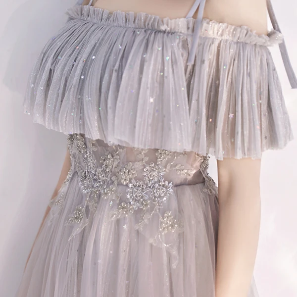 Chic / Beautiful Grey Evening Dresses  2019 A-Line / Princess Spaghetti Straps Short Sleeve Beading Glitter Tulle Floor-Length / Long Ruffle Backless Formal Dresses