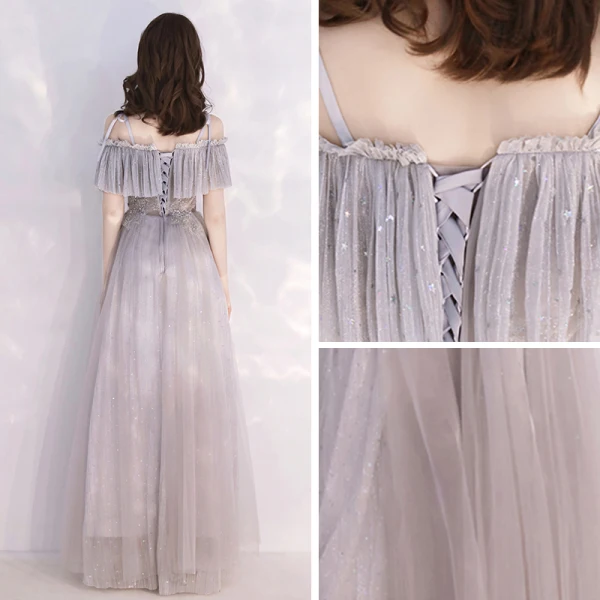 Chic / Beautiful Grey Evening Dresses  2019 A-Line / Princess Spaghetti Straps Short Sleeve Beading Glitter Tulle Floor-Length / Long Ruffle Backless Formal Dresses