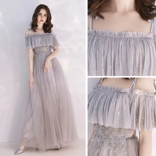 Chic / Beautiful Grey Evening Dresses  2019 A-Line / Princess Spaghetti Straps Short Sleeve Beading Glitter Tulle Floor-Length / Long Ruffle Backless Formal Dresses