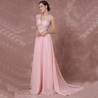 Élégant Rougissant Rose Robe De Soirée 2018 Princesse V Cou Sans Manches Appliques En Dentelle Tribunal Train Percé Robe De Ceremonie