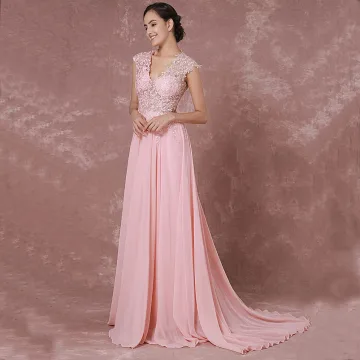 Élégant Rougissant Rose Robe De Soirée 2018 Princesse V Cou Sans Manches Appliques En Dentelle Tribunal Train Percé Robe De Ceremonie
