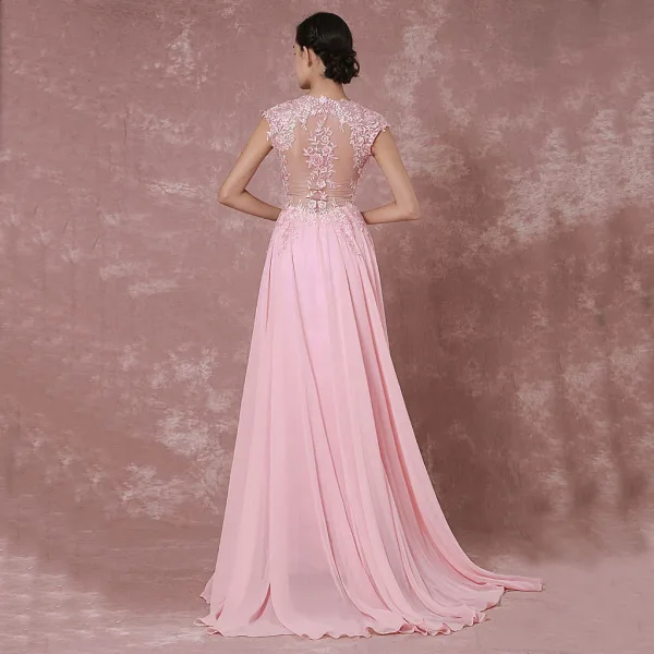 Élégant Rougissant Rose Robe De Soirée 2018 Princesse V-Cou Sans Manches Appliques En Dentelle Tribunal Train Percé Robe De Ceremonie