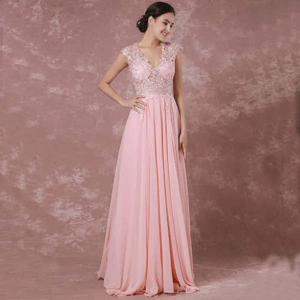 Élégant Rougissant Rose Robe De Soirée 2018 Princesse V-Cou Sans Manches Appliques En Dentelle Tribunal Train Percé Robe De Ceremonie
