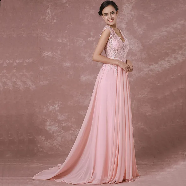 Élégant Rougissant Rose Robe De Soirée 2018 Princesse V-Cou Sans Manches Appliques En Dentelle Tribunal Train Percé Robe De Ceremonie
