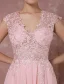 Élégant Rougissant Rose Robe De Soirée 2018 Princesse V-Cou Sans Manches Appliques En Dentelle Tribunal Train Percé Robe De Ceremonie