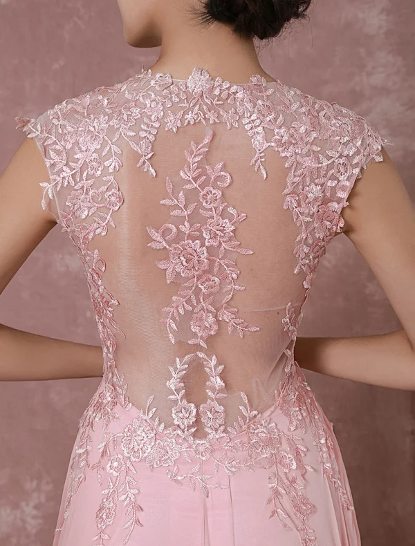 Élégant Rougissant Rose Robe De Soirée 2018 Princesse V-Cou Sans Manches Appliques En Dentelle Tribunal Train Percé Robe De Ceremonie