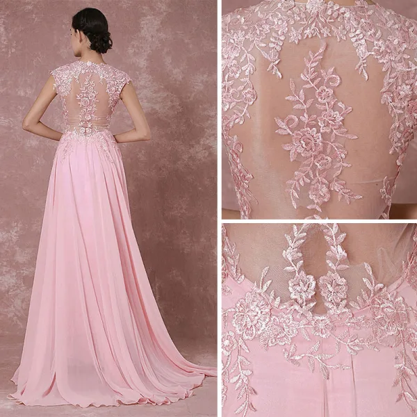 Élégant Rougissant Rose Robe De Soirée 2018 Princesse V-Cou Sans Manches Appliques En Dentelle Tribunal Train Percé Robe De Ceremonie