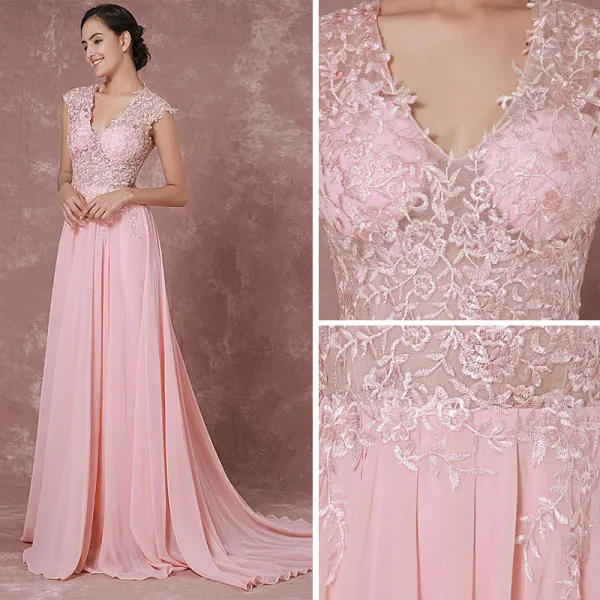 Élégant Rougissant Rose Robe De Soirée 2018 Princesse V-Cou Sans Manches Appliques En Dentelle Tribunal Train Percé Robe De Ceremonie