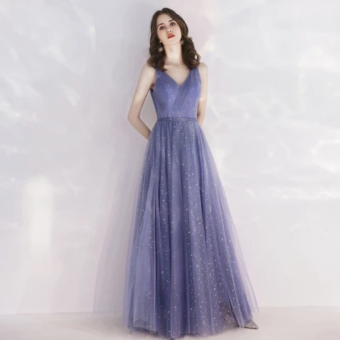 Elegant Royal Blue Evening Dresses  2019 A-Line / Princess V-Neck Spaghetti Straps Sleeveless Glitter Sequins Tulle Beading Sash Floor-Length / Long Ruffle Backless Formal Dresses