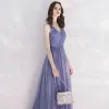 Elegant Royal Blue Evening Dresses  2019 A-Line / Princess V-Neck Spaghetti Straps Sleeveless Glitter Sequins Tulle Beading Sash Floor-Length / Long Ruffle Backless Formal Dresses