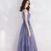 Elegant Royal Blue Evening Dresses  2019 A-Line / Princess V-Neck Spaghetti Straps Sleeveless Glitter Sequins Tulle Beading Sash Floor-Length / Long Ruffle Backless Formal Dresses