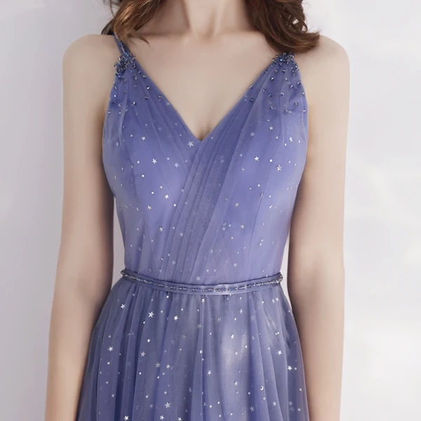 Elegant Royal Blue Evening Dresses 2019 A-Line / Princess V-Neck Spaghetti Straps Sleeveless Glitter Sequins Tulle Beading Sash Floor-Length / Long Ruffle Backless Formal Dresses