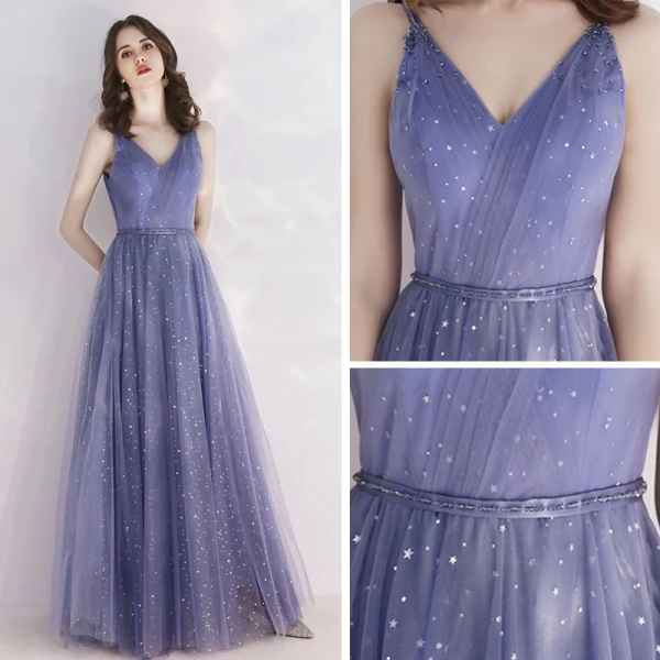 Elegant Royal Blue Evening Dresses 2019 A-Line / Princess V-Neck Spaghetti Straps Sleeveless Glitter Sequins Tulle Beading Sash Floor-Length / Long Ruffle Backless Formal Dresses