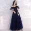 Abordable Bleu Marine Robe De Soirée 2019 Princesse Bretelles Spaghetti Manches Courtes Perlage Longue Volants Dos Nu Robe De Ceremonie