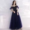 Affordable Navy Blue Evening Dresses  2019 A-Line / Princess Spaghetti Straps Short Sleeve Beading Floor-Length / Long Ruffle Backless Formal Dresses