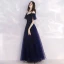 Abordable Bleu Marine Robe De Soirée 2019 Princesse Bretelles Spaghetti Manches Courtes Perlage Longue Volants Dos Nu Robe De Ceremonie
