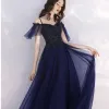 Affordable Navy Blue Evening Dresses  2019 A-Line / Princess Spaghetti Straps Short Sleeve Beading Floor-Length / Long Ruffle Backless Formal Dresses
