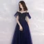 Abordable Bleu Marine Robe De Soirée 2019 Princesse Bretelles Spaghetti Manches Courtes Perlage Longue Volants Dos Nu Robe De Ceremonie