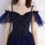 Abordable Bleu Marine Robe De Soirée 2019 Princesse Bretelles Spaghetti Manches Courtes Perlage Longue Volants Dos Nu Robe De Ceremonie